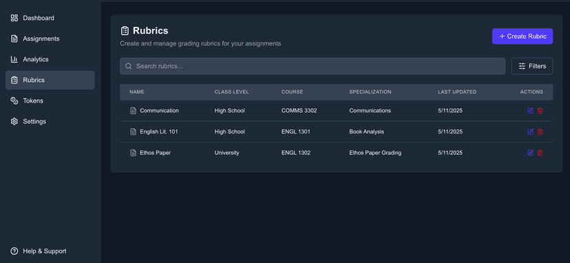Rubrics management interface